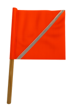 Load image into Gallery viewer, Orange flag with a diagonal white stripe on a wooden stick against a white background