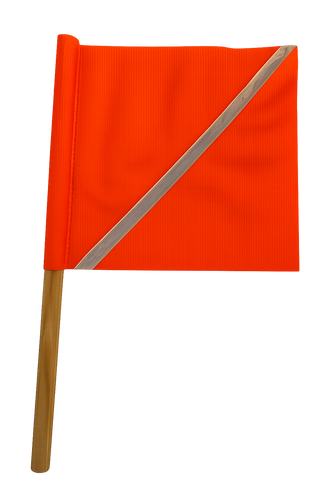 Orange flag with a diagonal white stripe on a wooden stick against a white background