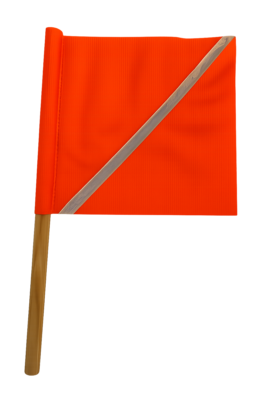 Orange flag with a diagonal white stripe on a wooden stick against a white background